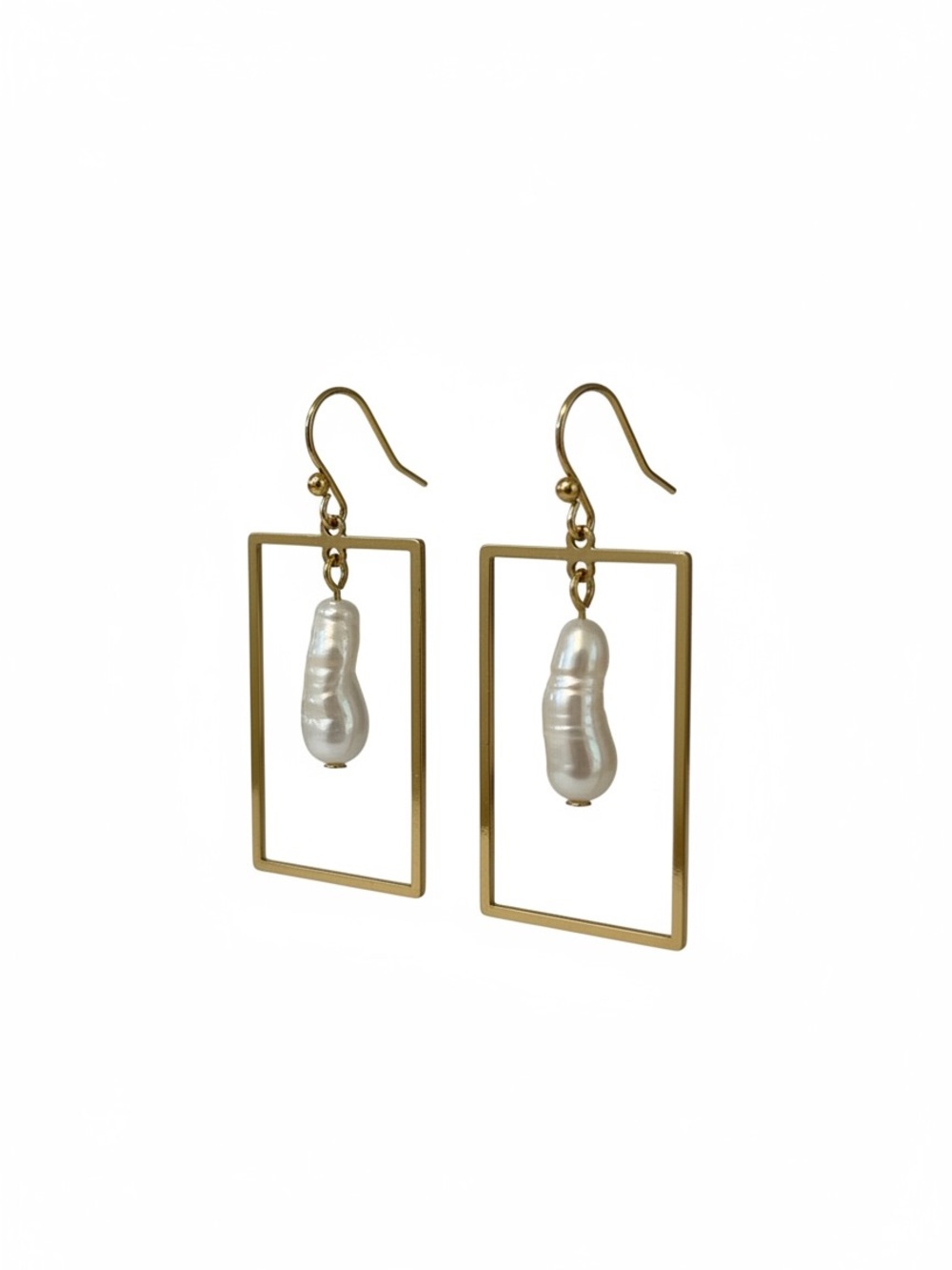 Gold Rectangular Frame Earrings with White Freshwater Baroque Pearls